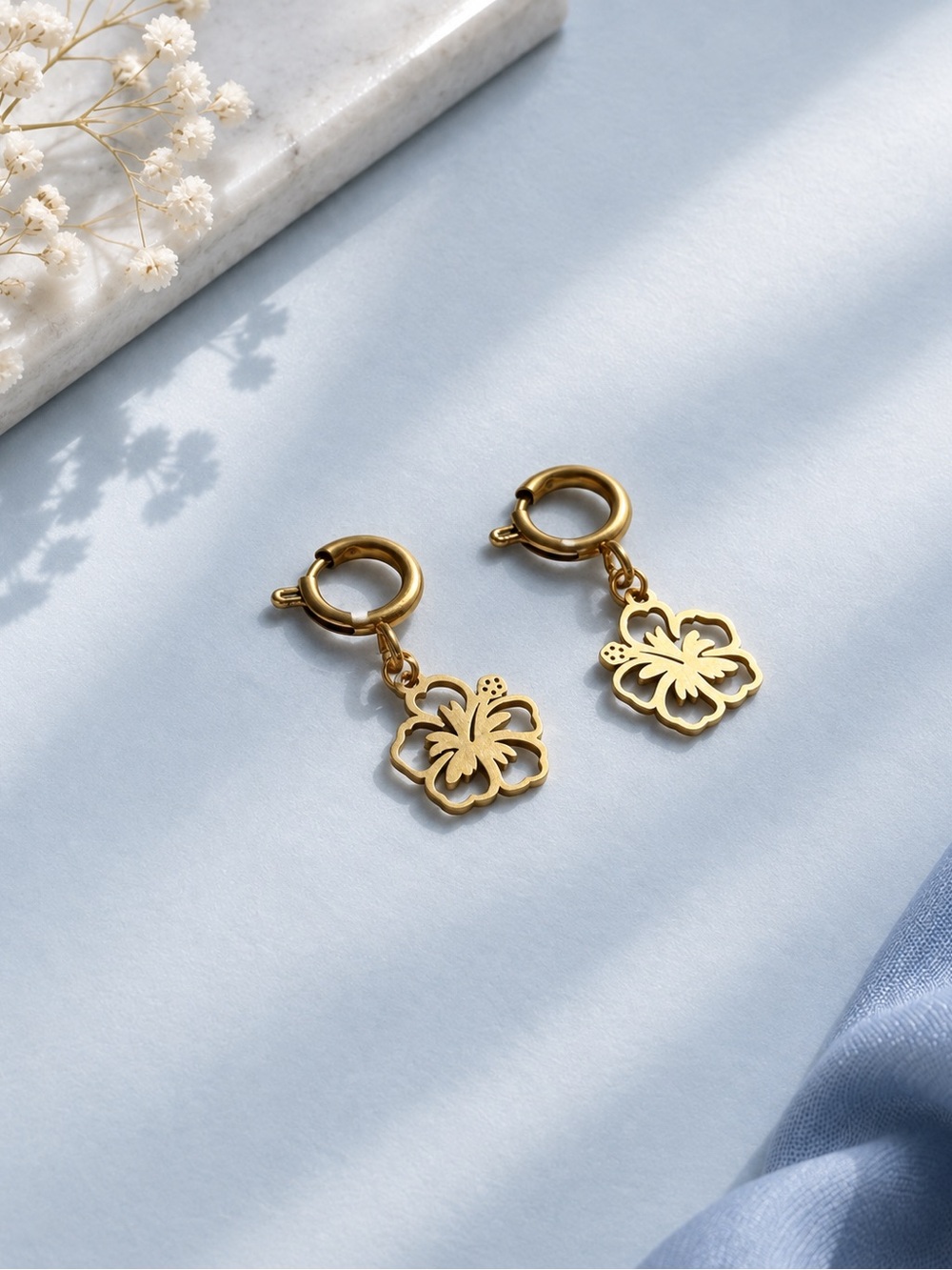 Gold Plated Hibiscus Stainless Steep Hoop Earrings - Women Jewelry